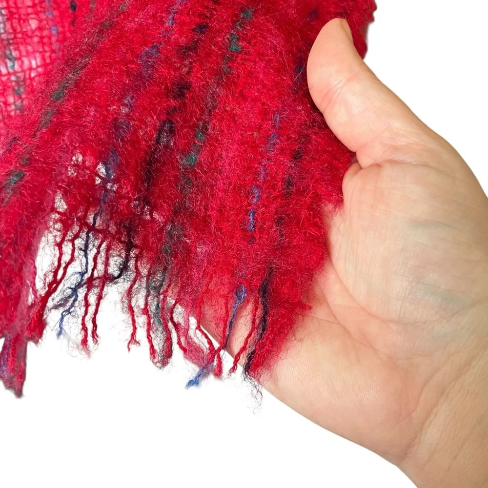 Colorful Red and Blue Woven Scarf Raw Hem Mohair